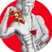 The Nuova seal, a David holding pizza and wine on a red disc
