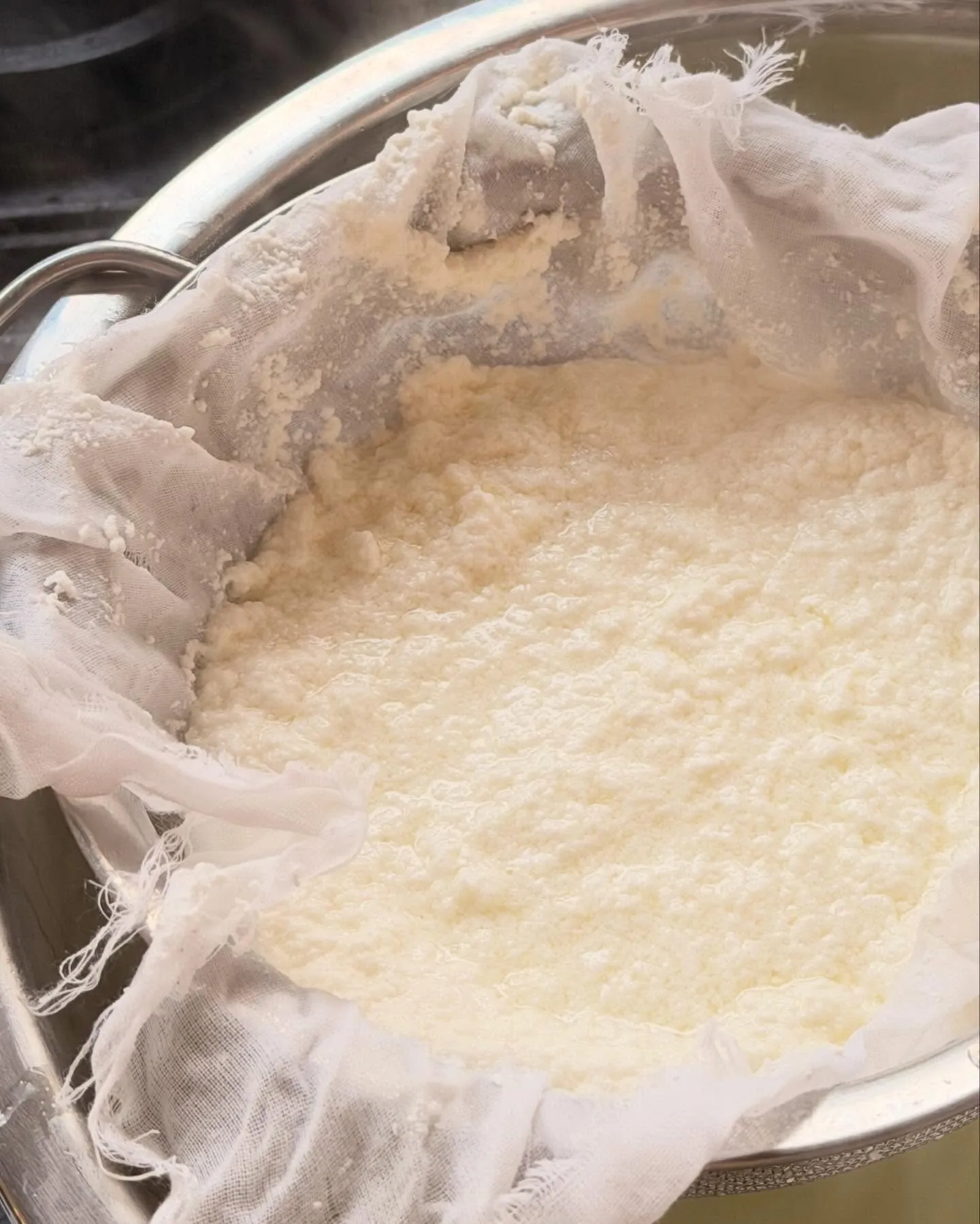 House ricotta draining in cheesecloth